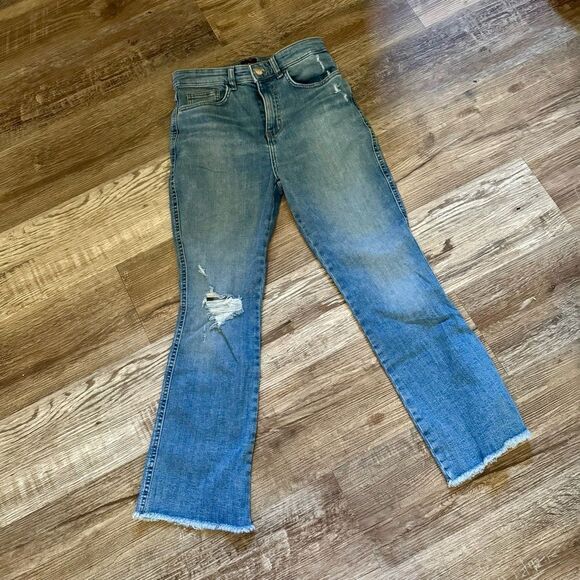 Lee Heritage High-Rise Distressed Medium Wash Kick Flare Denim Jeans Size 6M - Picture 1 of 7